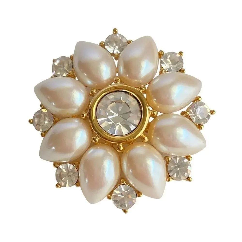 Vintage 60s Rhinestone Pearl Brooch Pendant Necklace Gold Tone Flower Sunburst